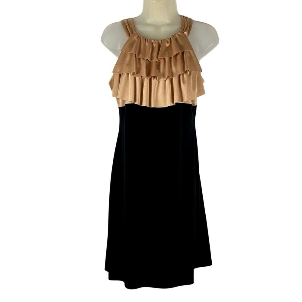 Enfocus Studio Shimmering Gold Ruffled Neck Black Knee Length Body Dress 8